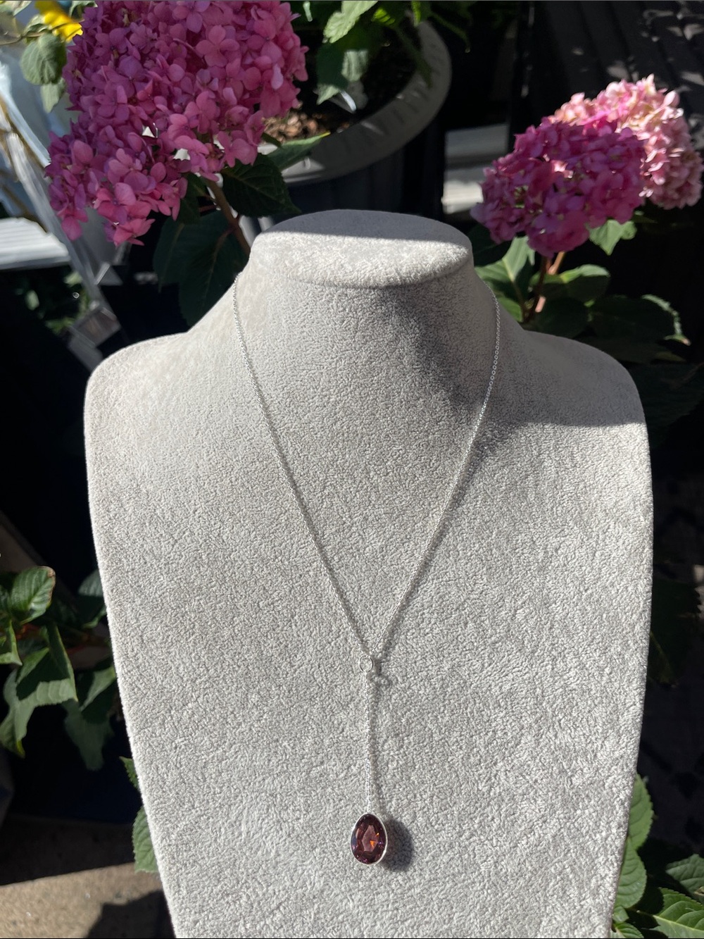 Silver Lariat Drop Necklace with Purple Pendant